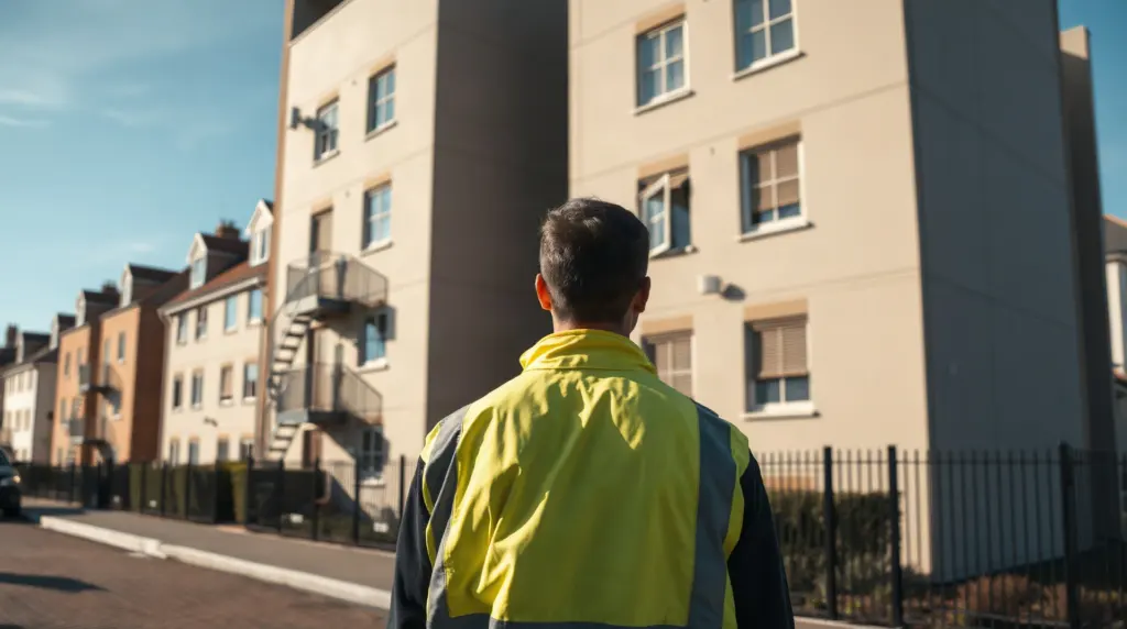 Diagnostiqueur évaluant la façade d'un immeuble en copropriété