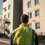 Diagnostiqueur évaluant la façade d'un immeuble en copropriété