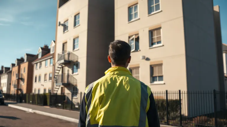 Diagnostiqueur évaluant la façade d'un immeuble en copropriété