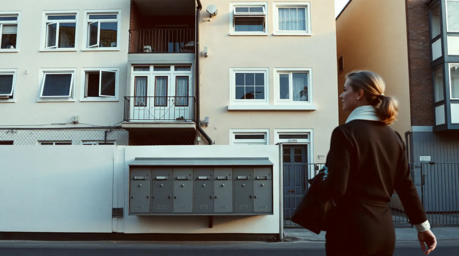 Entrée d'un petit immeuble résidentiel avec boîtes aux lettres