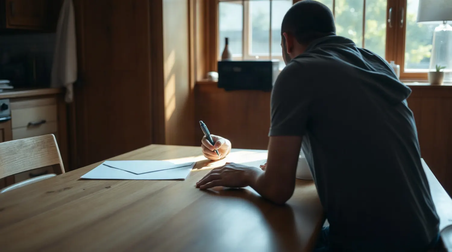 Locataire rédigeant un courrier recommandé à une table