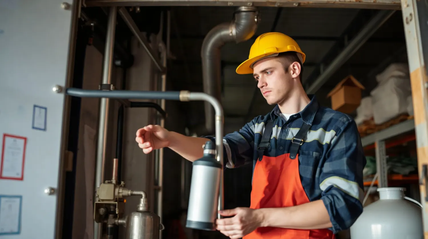 Technicien contrôlant une chaudière collective