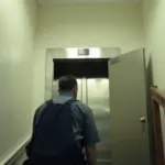 Technicien inspectant un ascenseur immobilisé dans une cage d'immeuble
