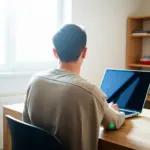 Gestionnaire de copropriété consultant des documents sur ordinateur portable