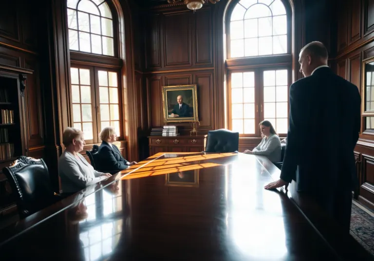 Notaire expliquant un acte de partage à des héritiers réunis autour d'une table